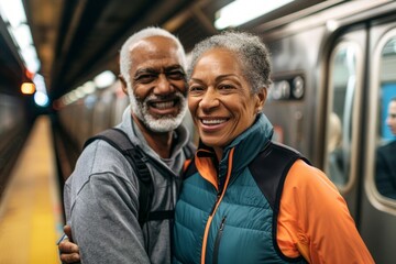 Wall Mural - Portrait of a content latino couple in their 50s wearing a lightweight running vest over bustling city subway background