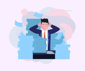Wall Mural - office worker overwhelmed with paperwork. employee surrounded by stacks of papers flat vector illust