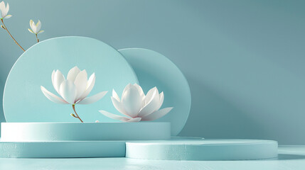 Wall Mural - Elegant Pastel Blue Geometric Shape Abstract Background with Podium and Flower - 3D Render Stock Illustration