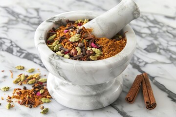 Poster - A close-up image of a white marble mortar and pestle filled with a vibrant mix of spices, including cinnamon sticks, cloves, cardamom pods, and coriander seeds. Generative AI