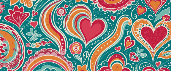 Wall Mural - Collection of groovy seamless patterns inspired by 60s and 70s psychedelic art, featuring retro colours, heart shapes, and romantic text quotes for Valentine's Day