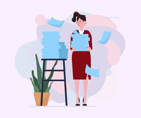 Wall Mural - Tired woman carrying stacks of papers. Office employee, accountant, reports flat vector illustration. Documents, overwork, workload concept for banner, website design or landing page