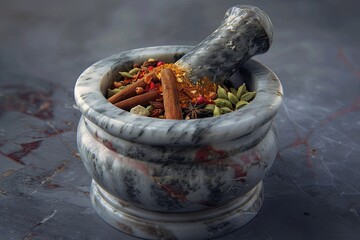 Aufkleber - A marble mortar and pestle filled with spices, including cinnamon, cloves, cardamom, and coriander. Generative AI