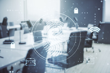 Aufkleber - Multi exposure of virtual fingerprint scan interface on a modern furnished office interior background, digital access concept