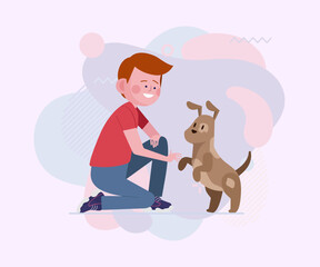 Wall Mural - Boy playing with dog. Happy boy enjoying spending time wth dog flat vector illustration. Animal care, companion concept for banner, website design or landing page
