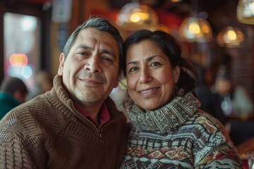 Wall Mural - Portrait of a content latino couple in their 40s dressed in a warm wool sweater over bustling restaurant background