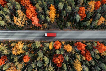 Wall Mural - Delivery truck driving through vibrant and colorful autumn forest, seen from above