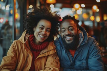 Wall Mural - Portrait of a cheerful multiethnic couple in their 40s wearing a functional windbreaker isolated on bustling restaurant background