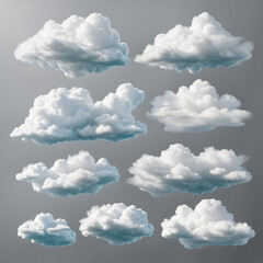 Wall Mural - Abstract three-dimensional cloud renderings isolated on a transparent background, ideal for clip art collections and illustrations of fluffy cumulus shapes in a modern, minimal style