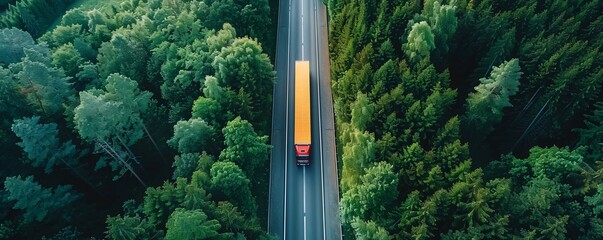 Wall Mural - Aerial view of a yellow truck driving on a road through a green forest