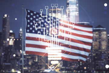 Poster - Double exposure of virtual creative light bulb hologram with chip on USA flag and blurry skyscrapers background, idea and brainstorming concept