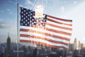 Poster - Double exposure of virtual creative light bulb hologram with chip on USA flag and blurry skyscrapers background, idea and brainstorming concept