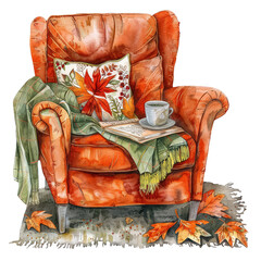 Wall Mural - A red chair with a white pillow and a blanket draped over it