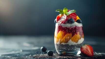 Healthy vegetarian fruit dessert with yogurt kiwi, strawberry, raspberry, orange, pineapple and chia seed pudding in a glass, summer detox superfoods, diet breakfast.