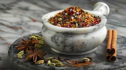 Poster - A marble mortar and pestle filled with a colorful blend of spices, including cinnamon, cloves, cardamom, and coriander. Generative AI