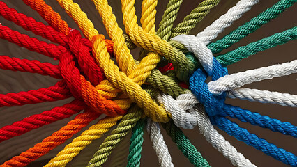 Wall Mural - Team rope diverse strength connect partnership together teamwork unity communicate support. Strong diverse network rope team concept integrate braid color background cooperation empower power.