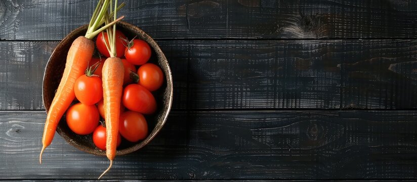 A black wooden background showcasing a bowl filled with fresh carrots and tomatoes
