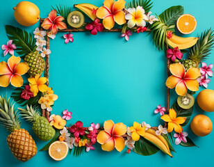 A vibrant frame made of fresh tropical fruits and flowers on a bright turquoise background, symbolizing a tropical paradise. Copy space. Minimal floral concept. Flat lay. 