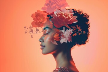 Wall Mural - Minimalistic double exposure effect photography of an exotic woman with flowers in her hair