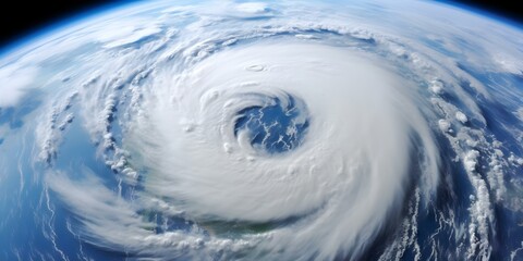 Wall Mural - Hurricane from Satellite View Showing Swirling White Center Against Blue Sky. Concept Natural Disasters, Weather Phenomena, Satellite Images, Meteorology, Hurricane Tracking