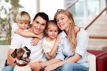 Poster - Authentic portrait happy young couple with dog