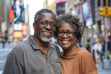 Poster - Portrait of a joyful afro-american couple in their 50s wearing a simple cotton shirt over bustling city street background