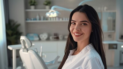 Wall Mural - A young smiling woman in a white dental hygienist uniform standing in professional dental clinic