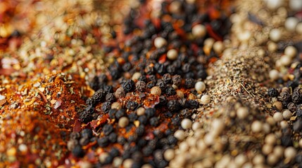 Aufkleber - Close-up view of various spices, including black peppercorns, garlic powder, paprika, and dried herbs, on a kitchen surface, ready for grilling. Generative AI