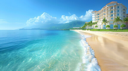 Sticker - Tranquil Beach Scene With Resort Building and Blue Ocean in Vietnam