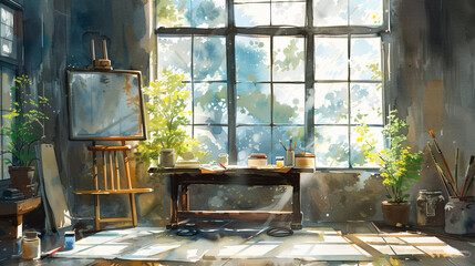 Wall Mural - A painting of a studio with a window and a wooden easel