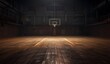 © TigerDude - Wide angle shot of an empty basketball court with wooden floor and backboard, spotlight on the basket