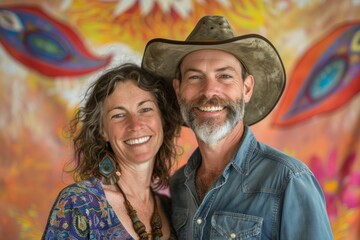 Wall Mural - Portrait of a jovial caucasian couple in their 30s wearing a rugged cowboy hat on vibrant yoga studio background