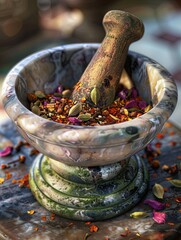 Poster - A marble mortar and pestle filled with a colorful blend of spices including cinnamon, cloves, cardamom, and coriander, ready to be ground for culinary use. Generative AI