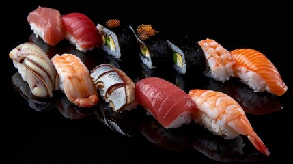 Wall Mural - A plate of assorted sushi with a variety of meats and vegetables