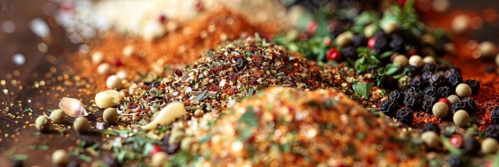 Poster - Close-up of a variety of grilling spices, including black pepper, garlic powder, paprika, and dried herbs, spread out on a kitchen countertop. Generative AI
