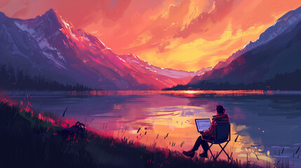 Wall Mural - person with laptop by mountain lake at sunset