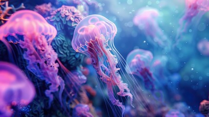 Jellyfish floating among coral reefs, ethereal underwater scene