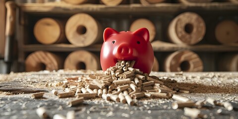 Investment in wood pellets symbolized by a red piggy bank. Concept Investment, Wood Pellets, Red Piggy Bank, Sustainable Energy, Financial Planning
