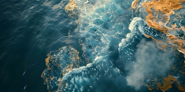 Aerial view of sea pollution caused by an oil spill disaster. Concept Oil Spill, Aerial View, Sea Pollution, Environmental Disaster, Impact on Ecosystems