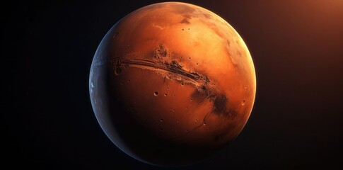 Wall Mural - mars texture map on a black background, with a red planet in the foreground and a blue sky in the background