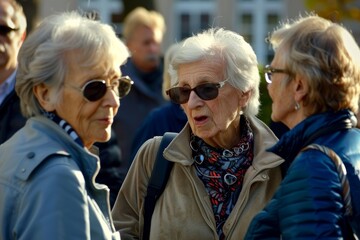 Wall Mural - Elderly women in sunglasses walking on the street in autumn.