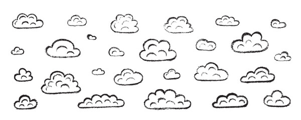 Chalk grunge cloud set. Hand drawn vector stock kid crayon illustration isolated on white background for design template art children education material, weather forecast, business presentation. 