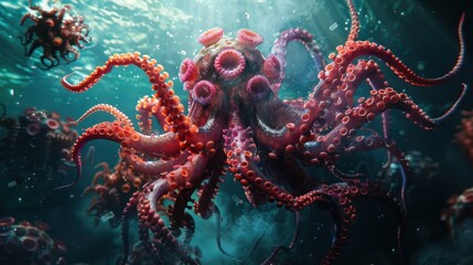 Capture the attention of viewers with a captivating 3D render showcasing the SARS-CoV-2 XBB 1.5 variant morphing into a kraken, symbolizing the transformative.