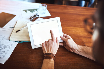 Poster - Hand, planning and tablet screen as designer person at table in boardroom of office or project management. Agency, business and technology with creative employee at work for administration from above