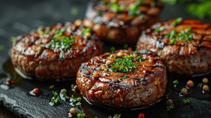 Three appetizing grilled steaks seasoned with herbs on a slate surface surrounded by colorful spices and herbs