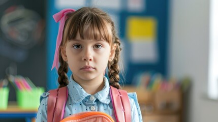 Unhappy little girl student in school uniform at school