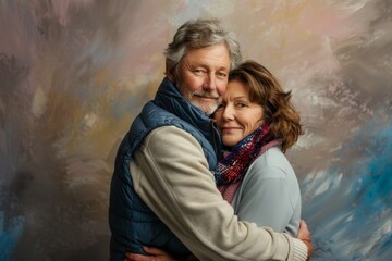 Wall Mural - Portrait of a blissful couple in their 60s dressed in a thermal insulation vest while standing against pastel or soft colors background