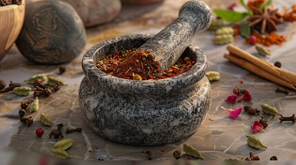 Poster - A close-up shot of a marble mortar and pestle filled with a colorful blend of spices, including cinnamon, cloves, cardamom, and coriander. Generative AI