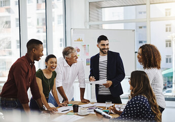 Leinwandbilder - Teamwork, creative group and business discussion in office, documents and collaboration together or brainstorming. Planning, company and goals or strategy with professionals in meeting with employees