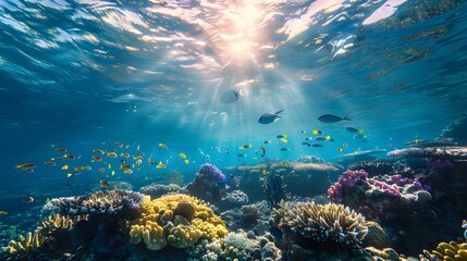 Wall Mural - Beautiful underwater scenery with various types of fish and coral reefs Generative AI